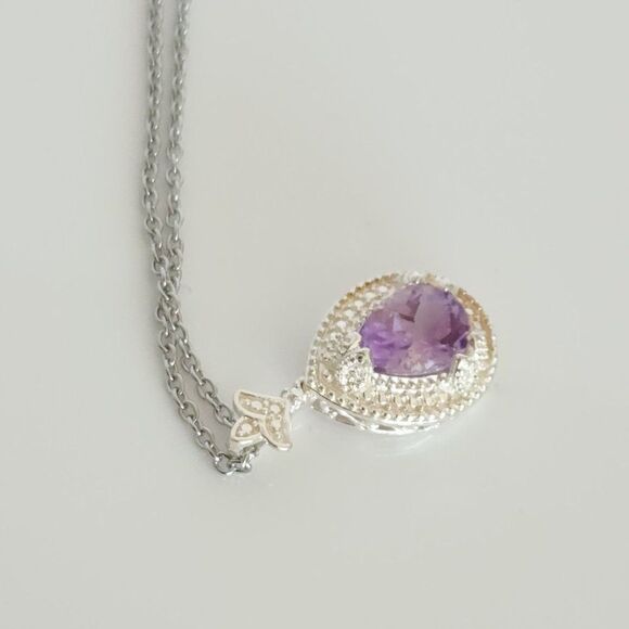 Purple Amethyst Pendant Necklace Stainless Steel Chain - Picture 9 of 9